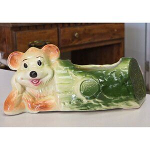 Vintage American Bisque Pottery Bear in Log Ceramic Succulent Planter